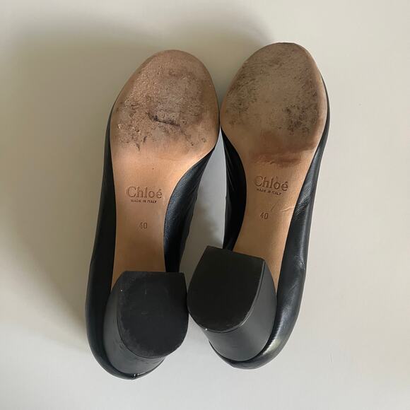 CHLOE 'Lauren' Women's 40 / US 10 Scalloped Heel Pump Black Leather Designer - Picture 9 of 10